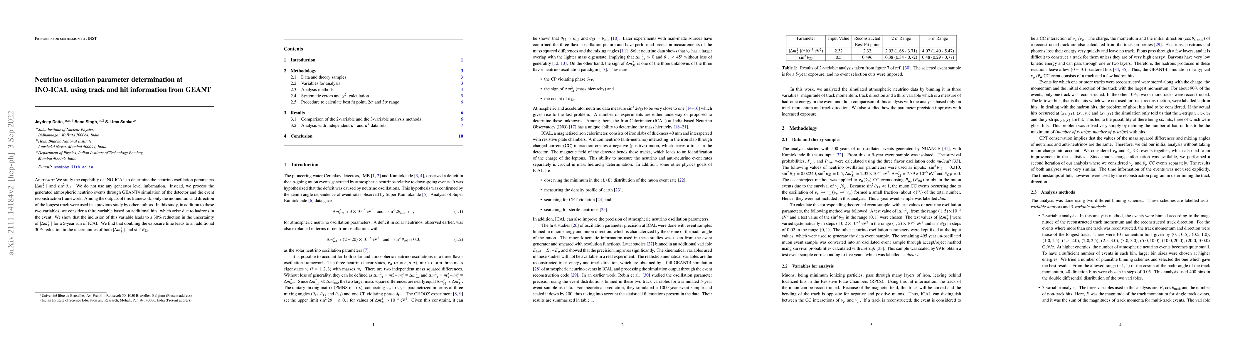 Thumbnail for Neutrino Oscillation parameter determination at INO-ICAL using track and
  hit information from GEANT
