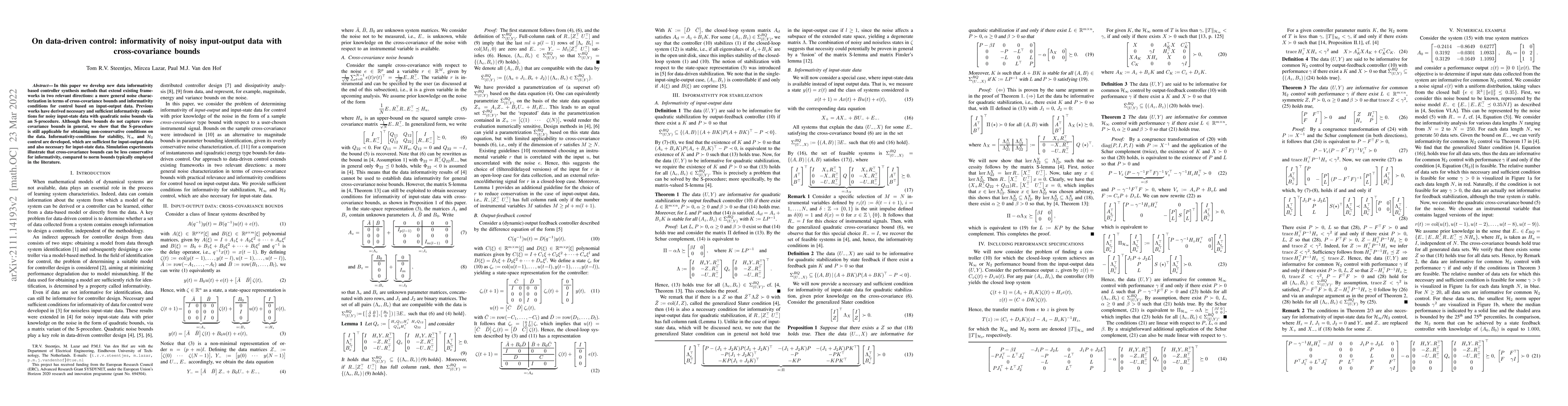 Thumbnail for On data-driven control: informativity of noisy input-output data with
  cross-covariance bounds