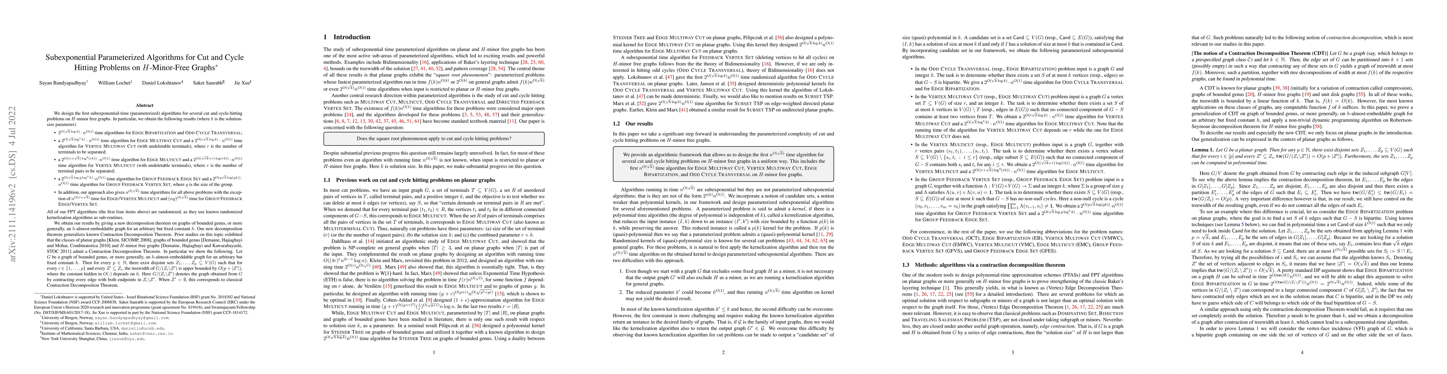 Thumbnail for Subexponential Parameterized Algorithms for Cut and Cycle Hitting
  Problems on H-Minor-Free Graphs