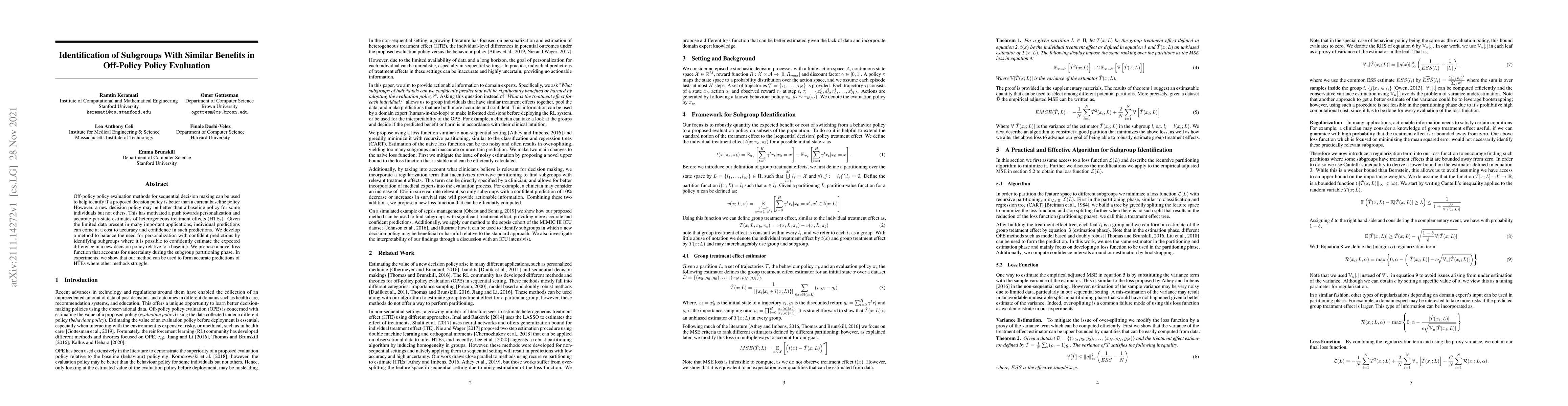 Thumbnail for Identification of Subgroups With Similar Benefits in Off-Policy Policy
  Evaluation
