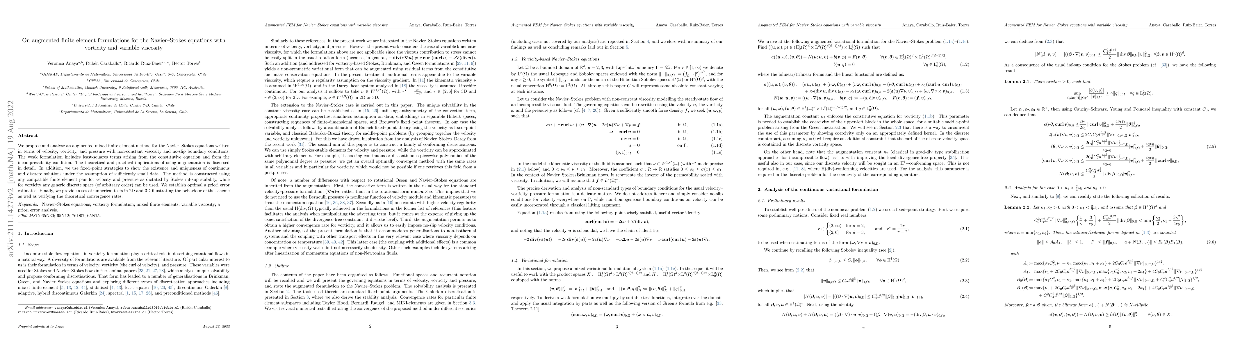 Thumbnail for On augmented finite element formulation for the Navier--Stokes equations
  with vorticity and variable viscosity