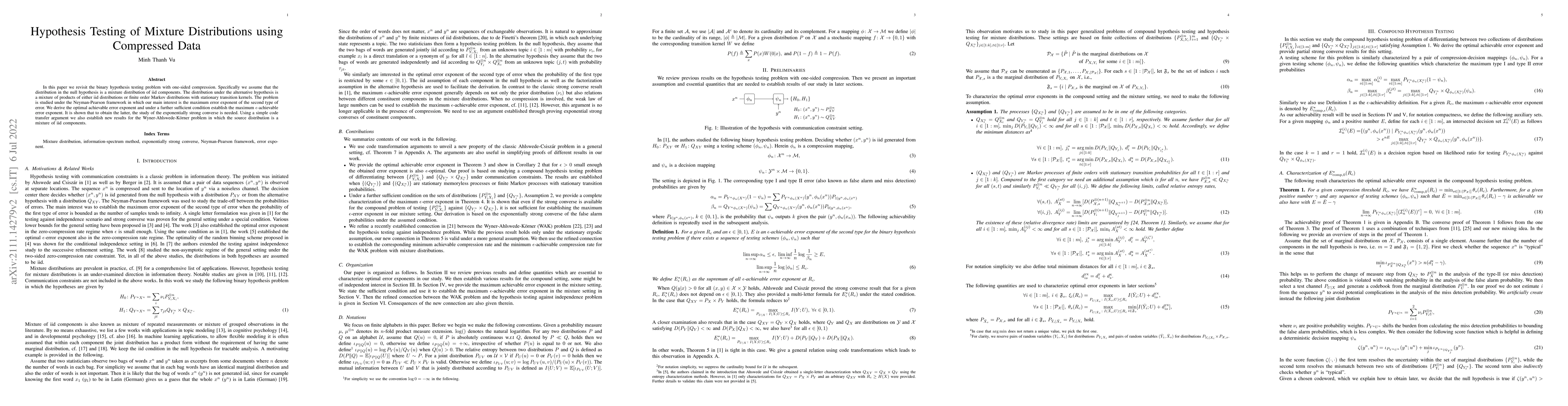Thumbnail for Hypothesis Testing of Mixture Distributions using Compressed Data