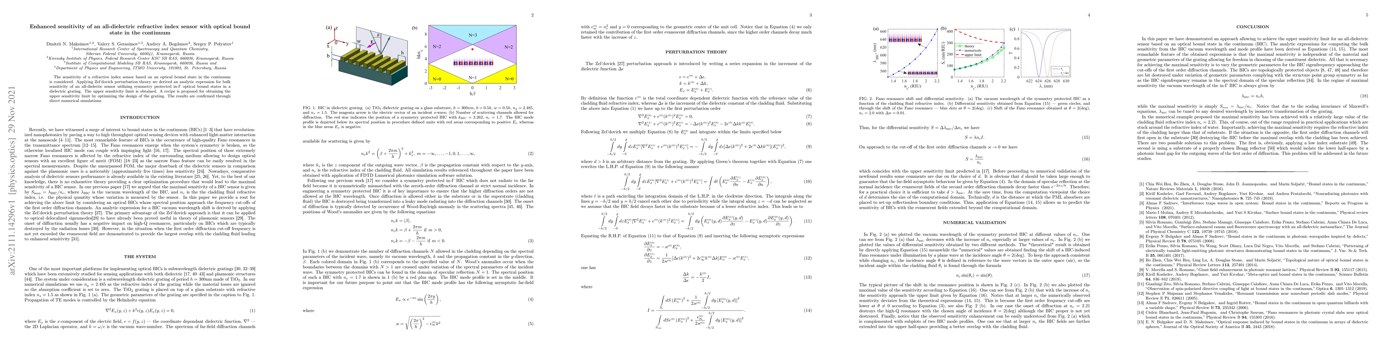 Thumbnail for Enhanced sensitivity of an all-dielectric refractive index sensor with
  optical bound state in the continuum