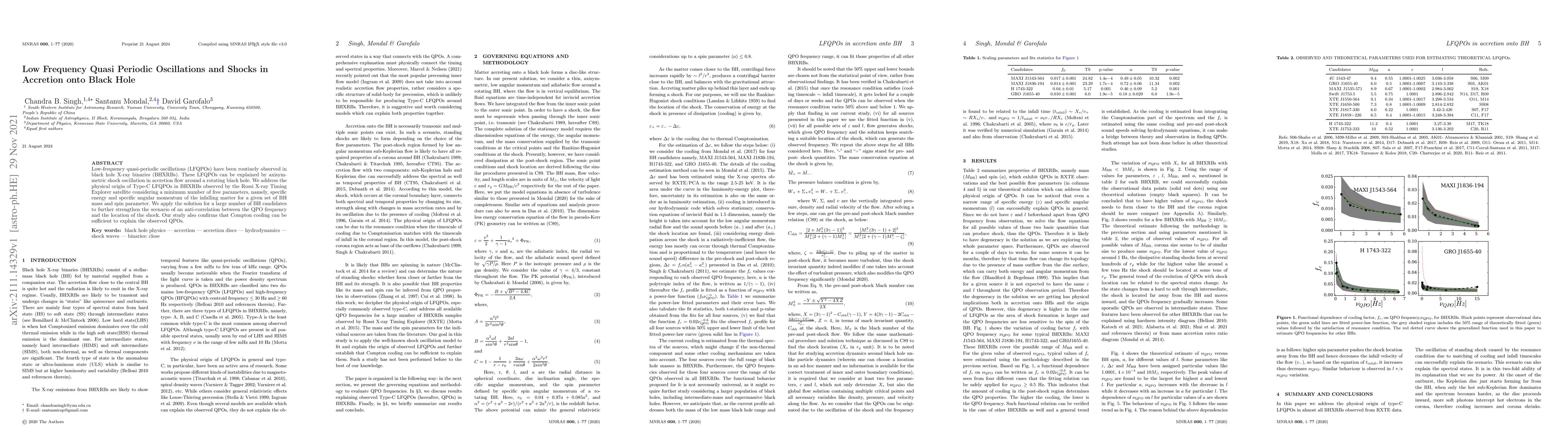 Thumbnail for Low Frequency Quasi Periodic Oscillations and Shocks in Accretion onto
  Black Hole