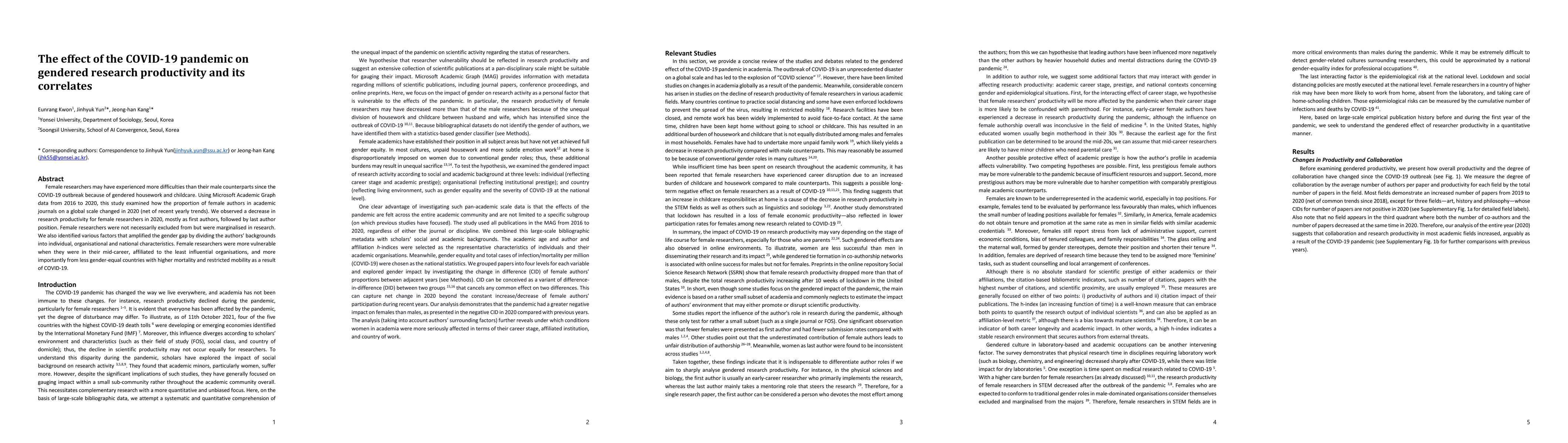 Thumbnail for The effect of the COVID-19 pandemic on gendered research productivity
  and its correlates