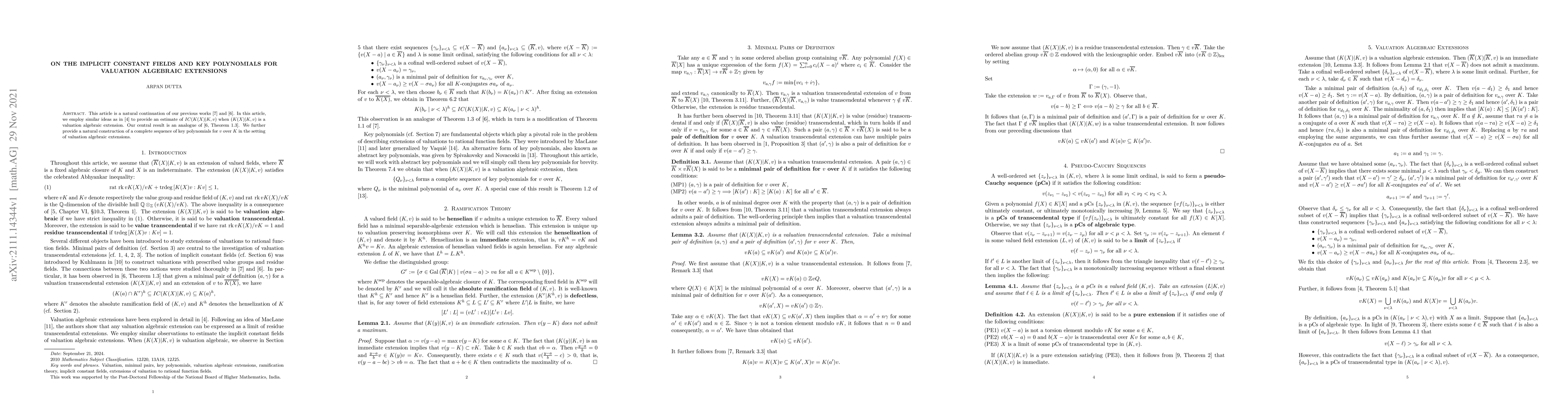 Thumbnail for On the implicit constant fields and key polynomials for valuation
  algebraic extensions