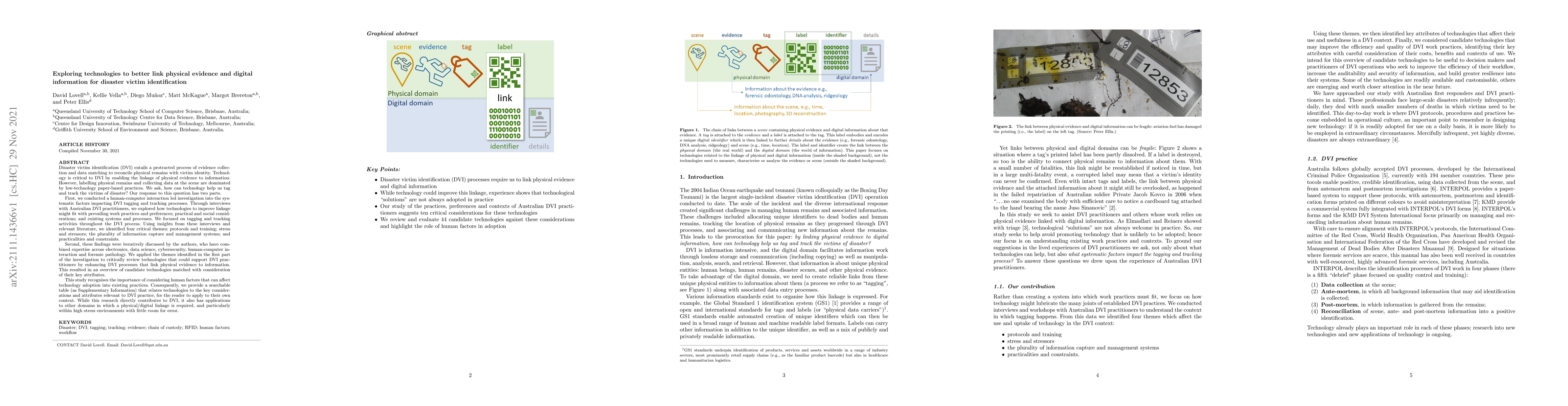Thumbnail for Exploring technologies to better link physical evidence and digital
  information for disaster victim identification