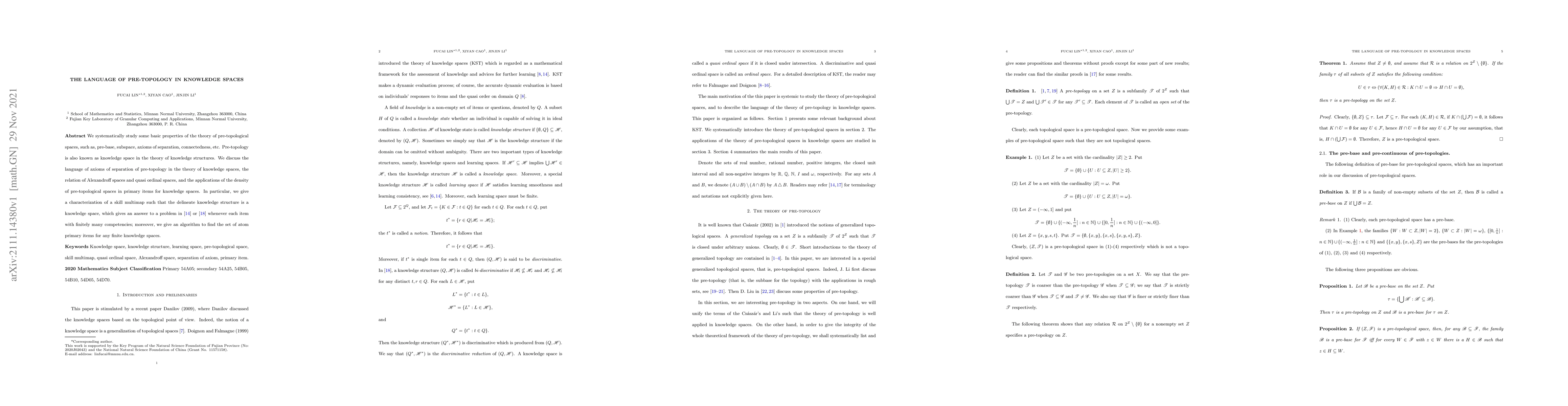 Thumbnail for The language of pre-topology in knowledge spaces