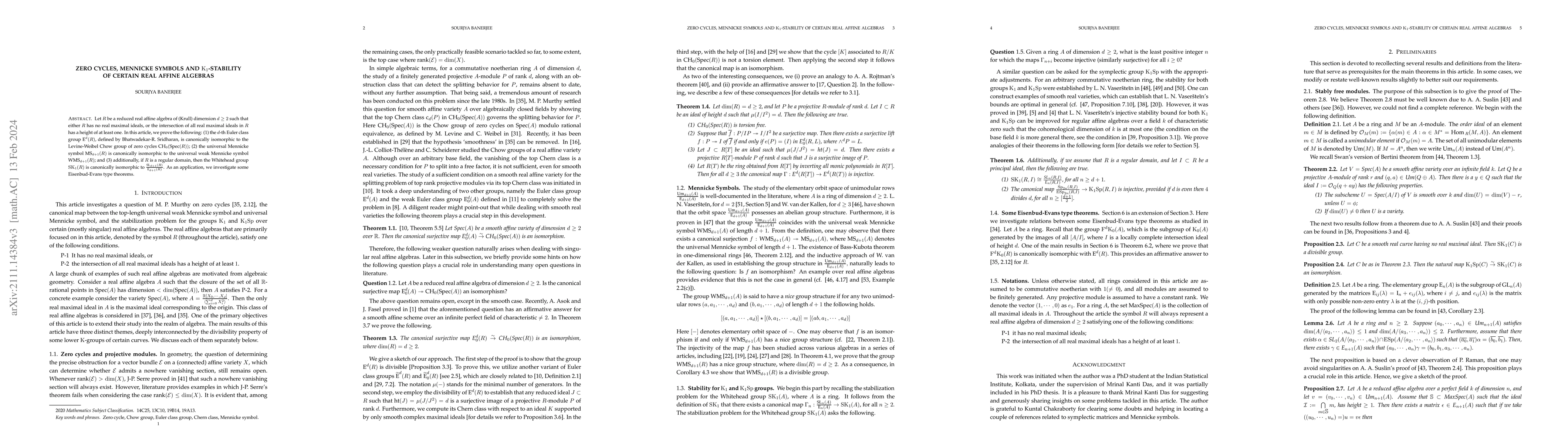 Thumbnail for Zero cycles, Mennicke symbols and $\mathrm{K}_1$-stability of certain
  real affine algebras