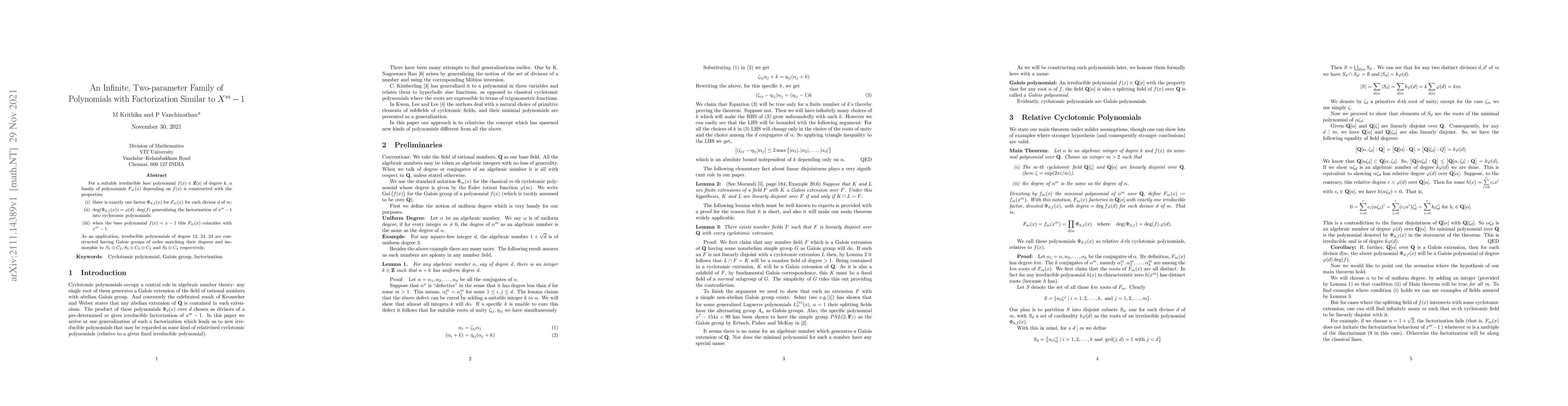 Thumbnail for An Infinite, Two-parameter Family of Polynomials with Factorization
  Similar to $X^m-1$