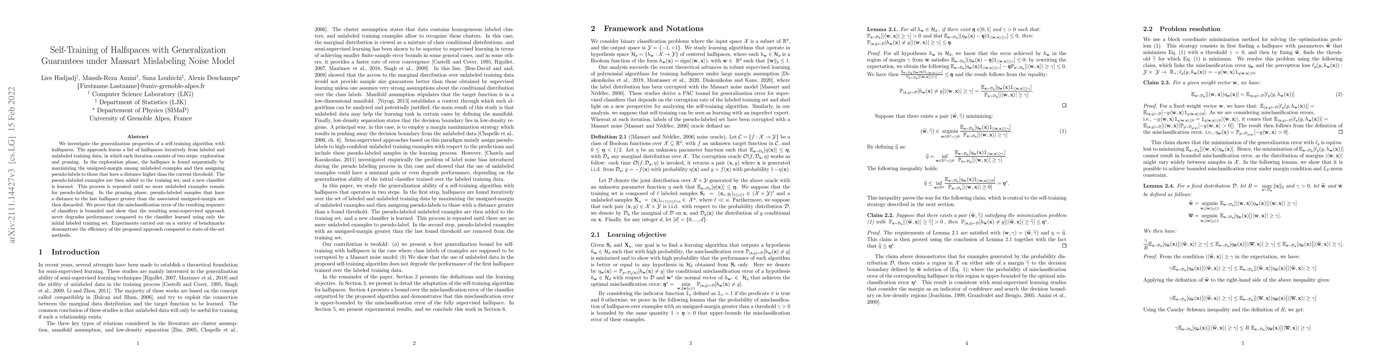 Thumbnail for Self-Training of Halfspaces with Generalization Guarantees under Massart
  Mislabeling Noise Model