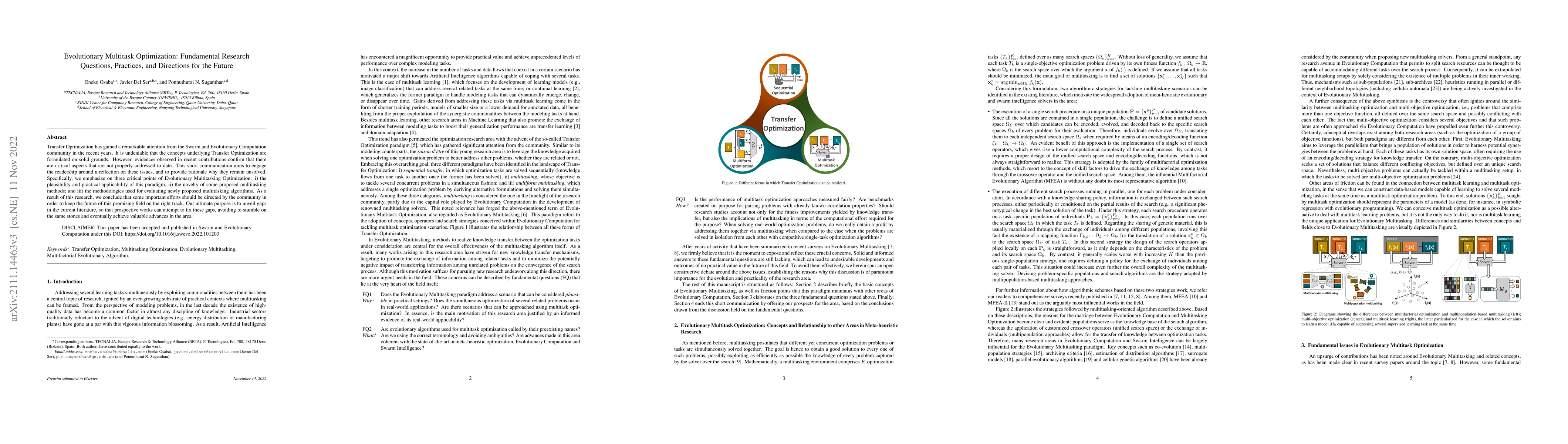 Thumbnail for Evolutionary Multitask Optimization: Fundamental Research Questions,
  Practices, and Directions for the Future