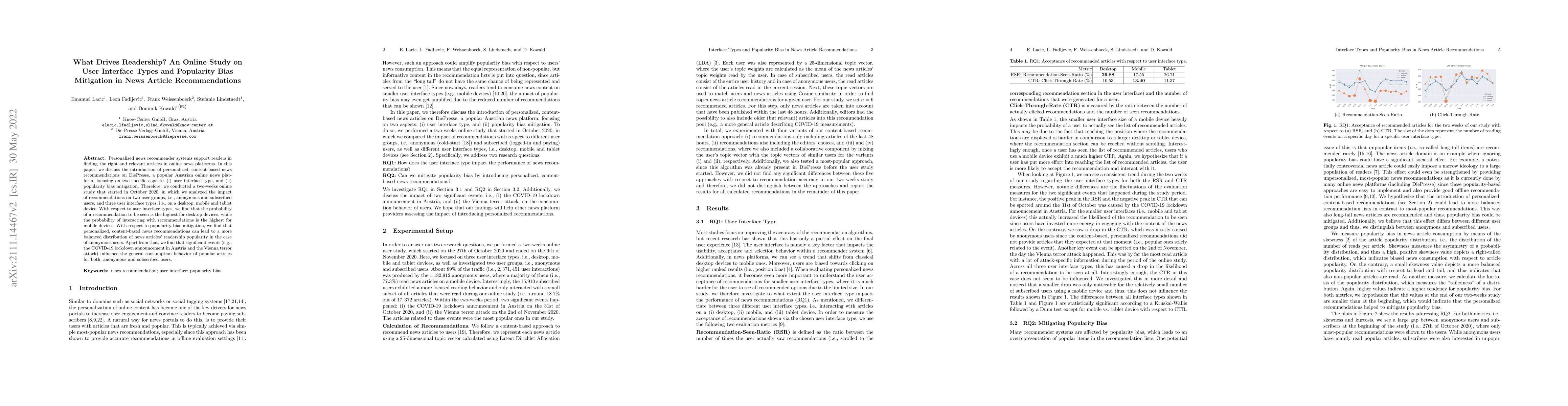 Thumbnail for What Drives Readership? An Online Study on User Interface Types and
  Popularity Bias Mitigation in News Article Recommendations