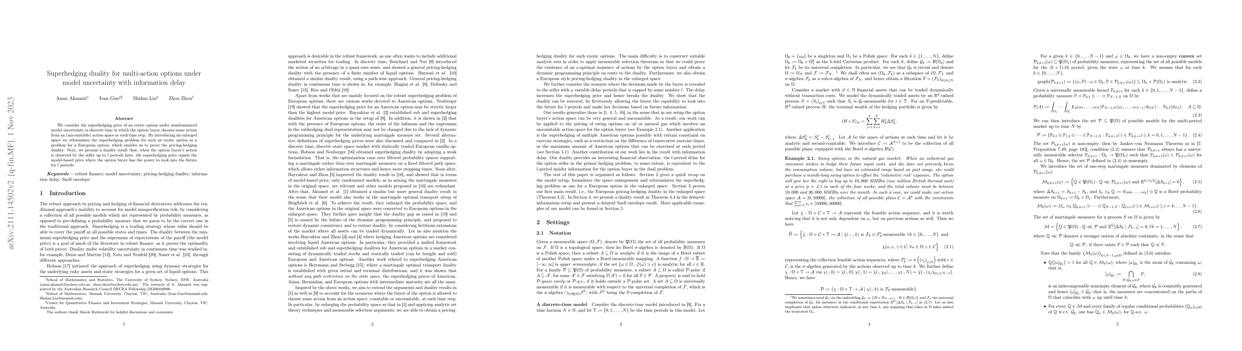 Thumbnail for Superhedging duality for multi-action options under model uncertainty
  with information delay
