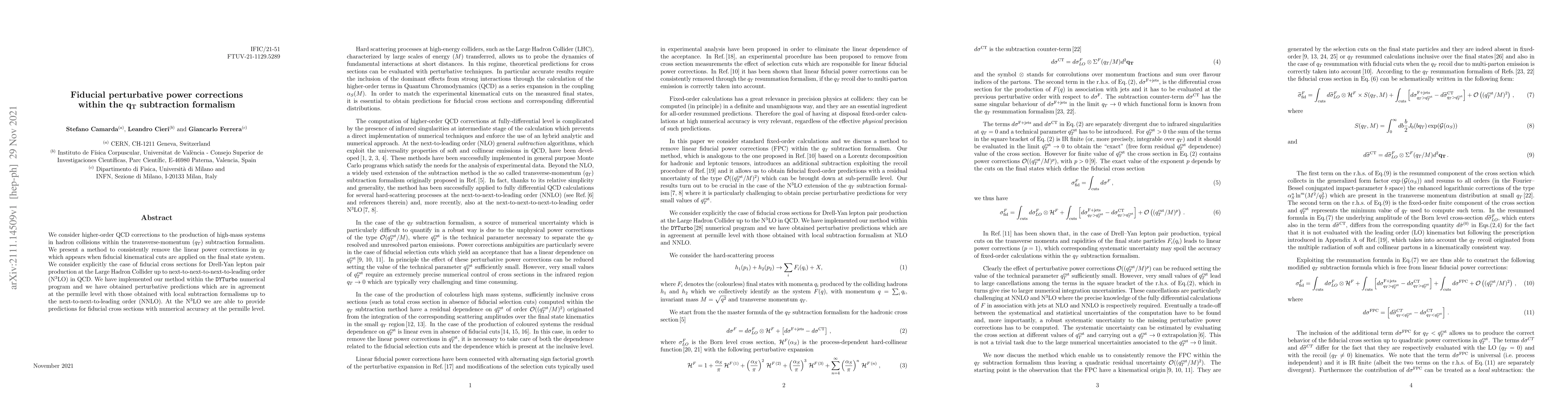 Thumbnail for Fiducial perturbative power corrections within the q$_{\bf T}$
  subtraction formalism