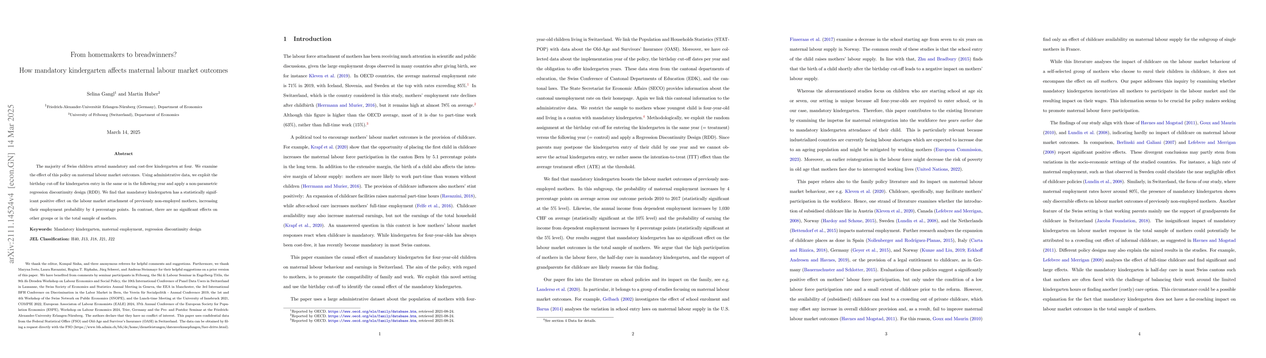 Thumbnail for From homemakers to breadwinners? How mandatory kindergarten affects
  maternal labour market outcomes