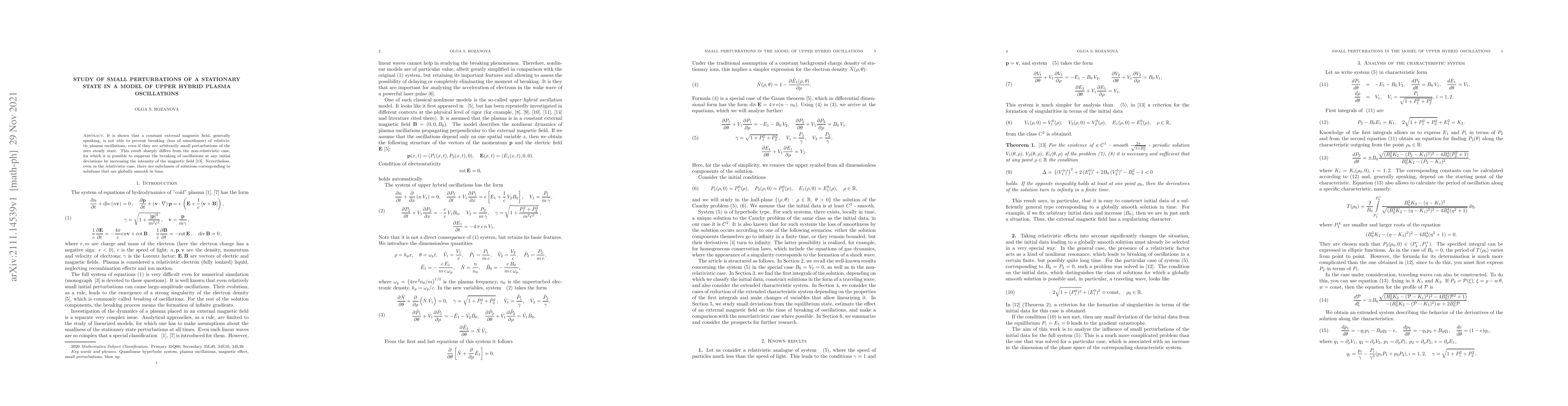 Thumbnail for Study of small perturbations of a stationary state in a model of upper
  hybrid plasma oscillations