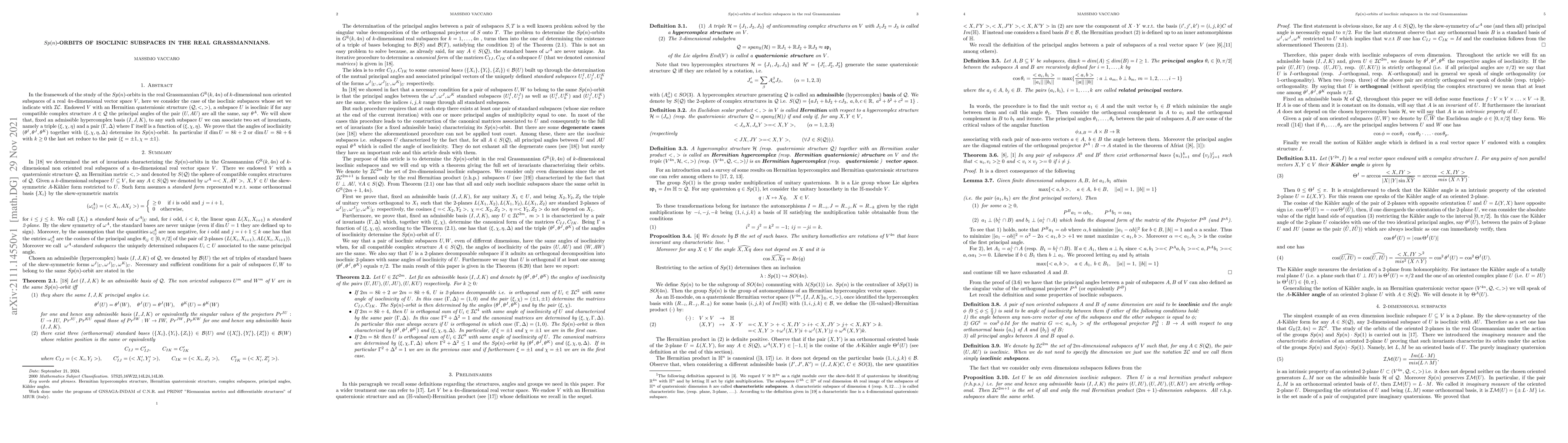 Thumbnail for $Sp(n)$-orbits of isoclinic subspaces in the real Grassmannians