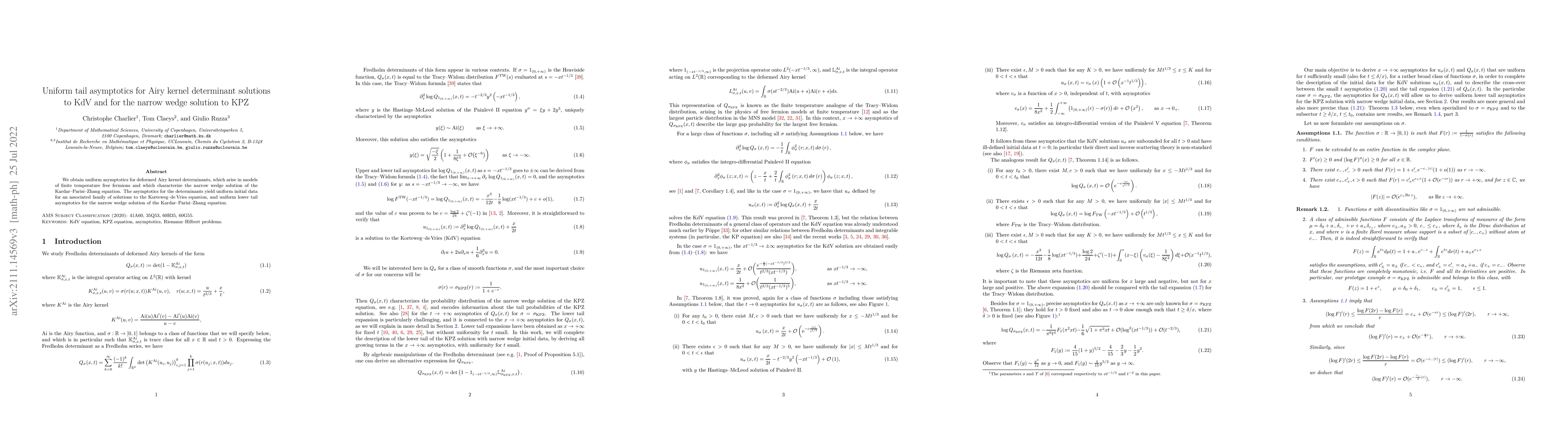 Thumbnail for Uniform tail asymptotics for Airy kernel determinant solutions to KdV
  and for the narrow wedge solution to KPZ