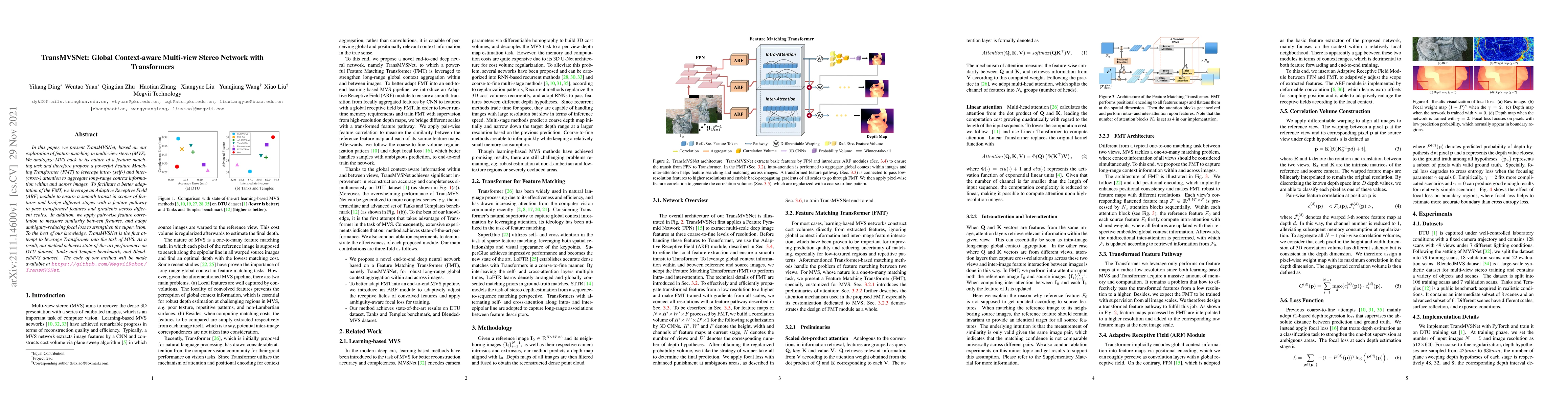 Thumbnail for TransMVSNet: Global Context-aware Multi-view Stereo Network with
  Transformers