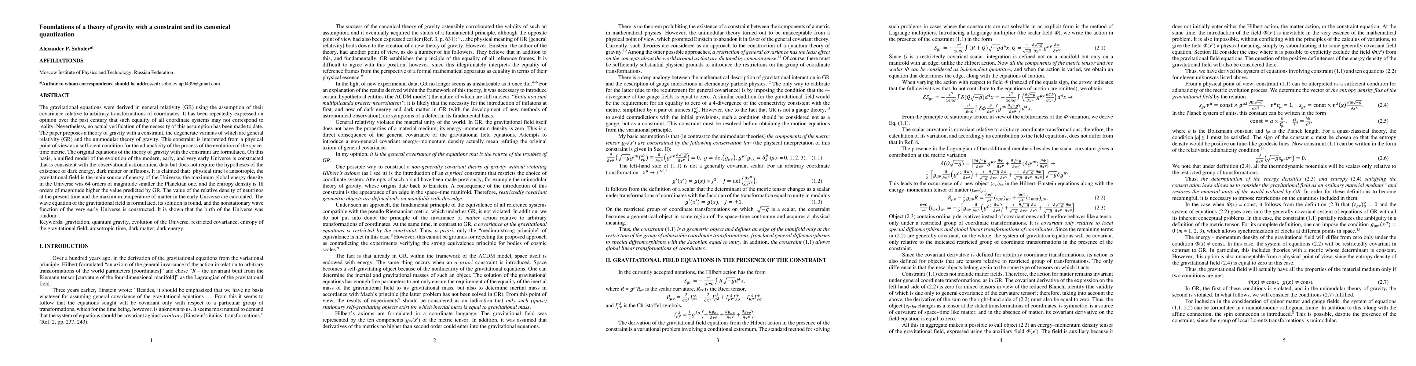Thumbnail for Foundations of a Theory of Gravity with a Constraint and its Canonical
  Quantization