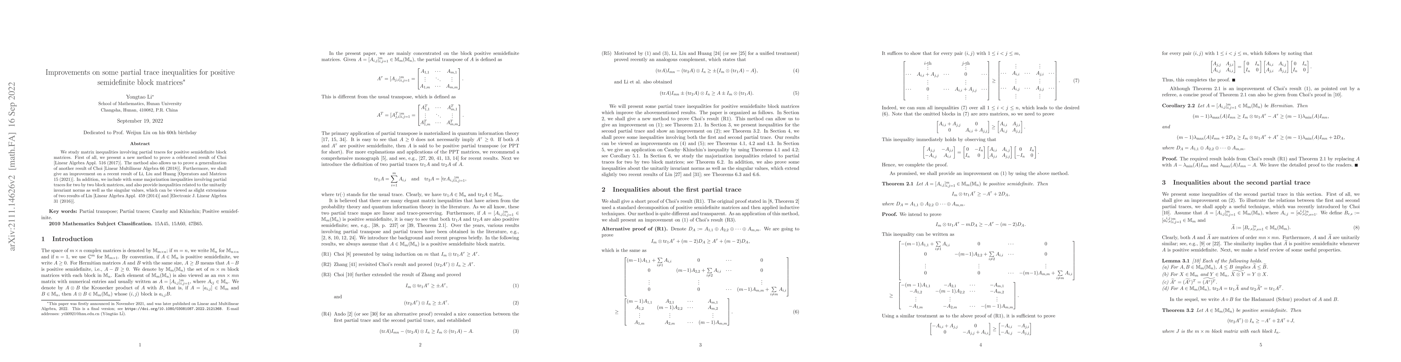 Thumbnail for Improvements on some partial trace inequalities for positive
  semidefinite block matrices
