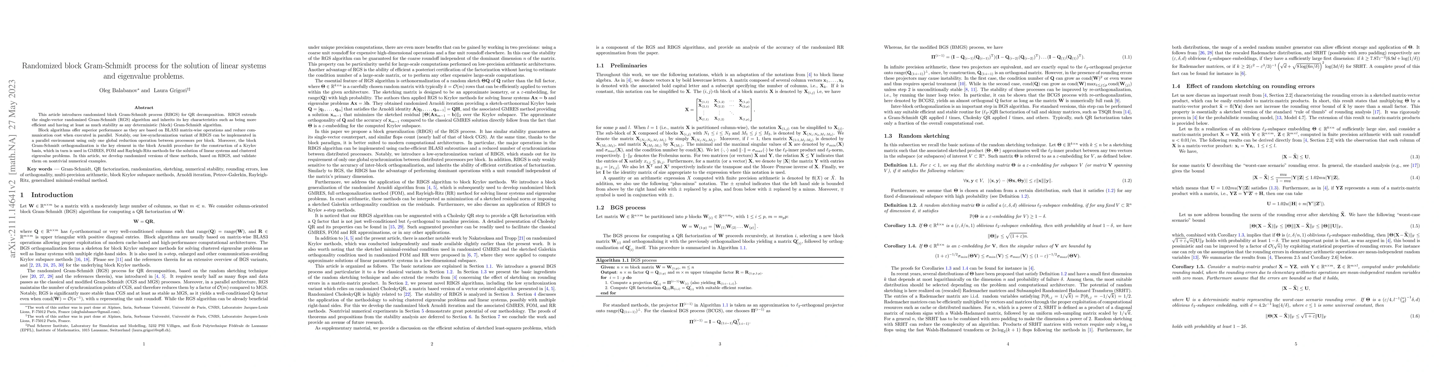 Thumbnail for Randomized block Gram-Schmidt process for solution of linear systems and
  eigenvalue problems