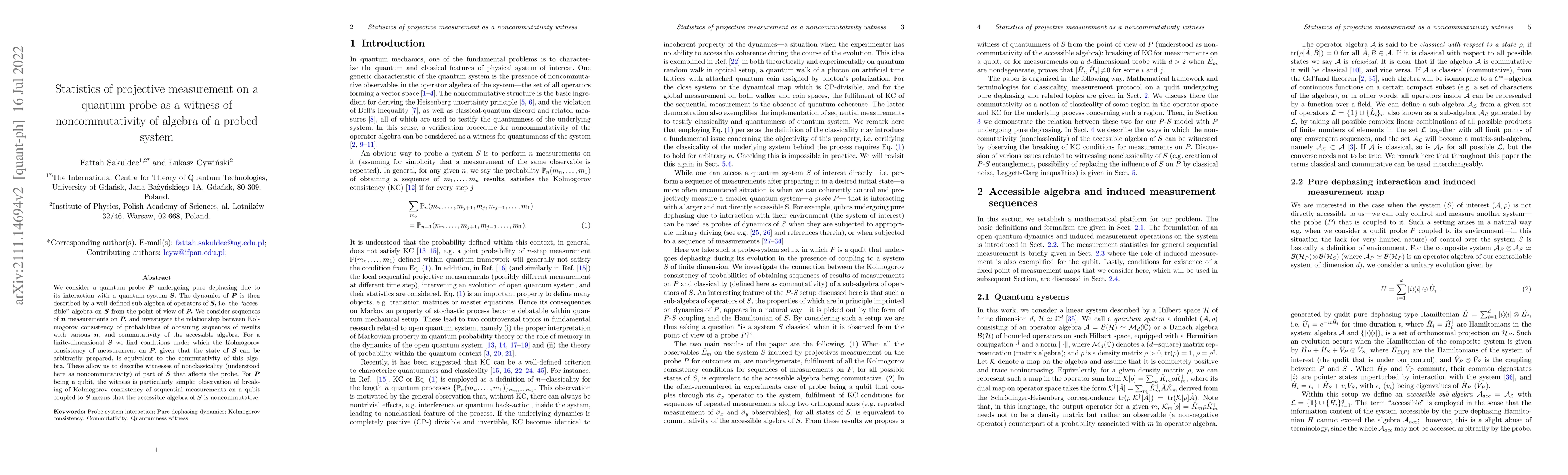 Thumbnail for Statistics of projective measurement on a quantum probe as a witness of
  noncommutativity of algebra of a probed system