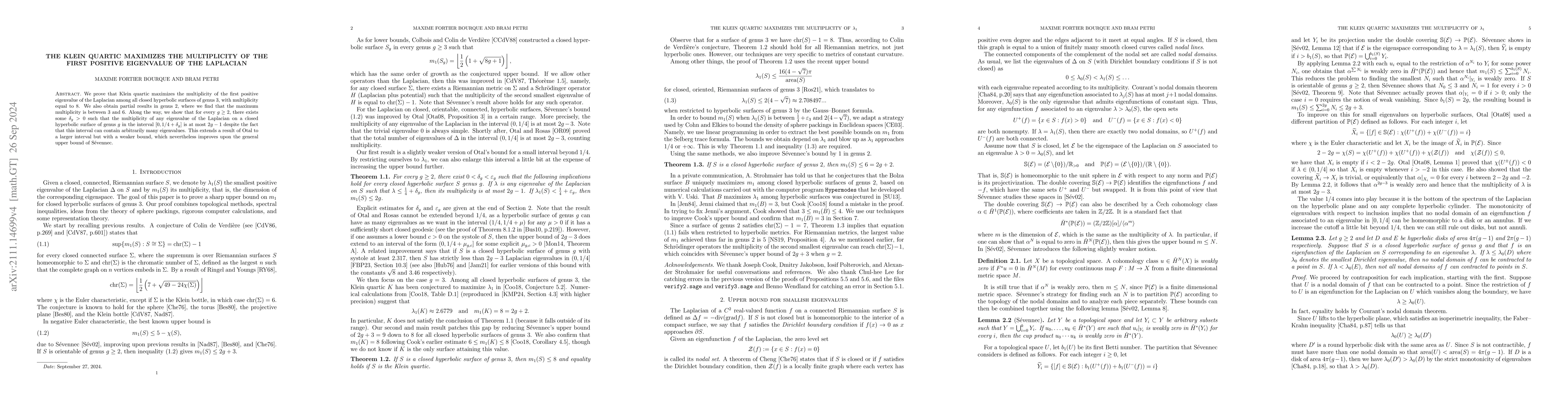 Thumbnail for The Klein quartic maximizes the multiplicity of the first positive
  eigenvalue of the Laplacian