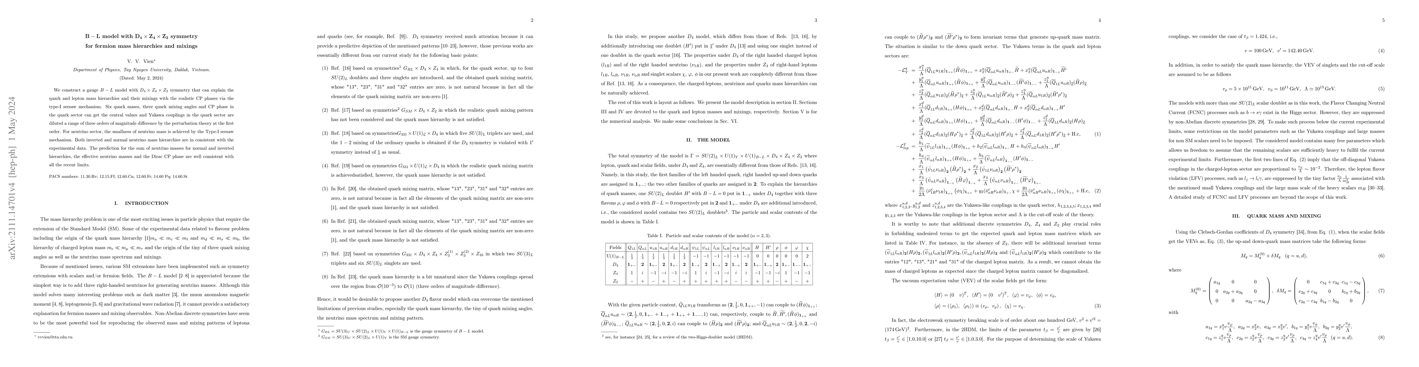 Thumbnail for $\mathbf{B-L}$ model with $\mathbf{D_4\times Z_4\times Z_2}$ symmetry
  for fermion mass hierarchies and mixings