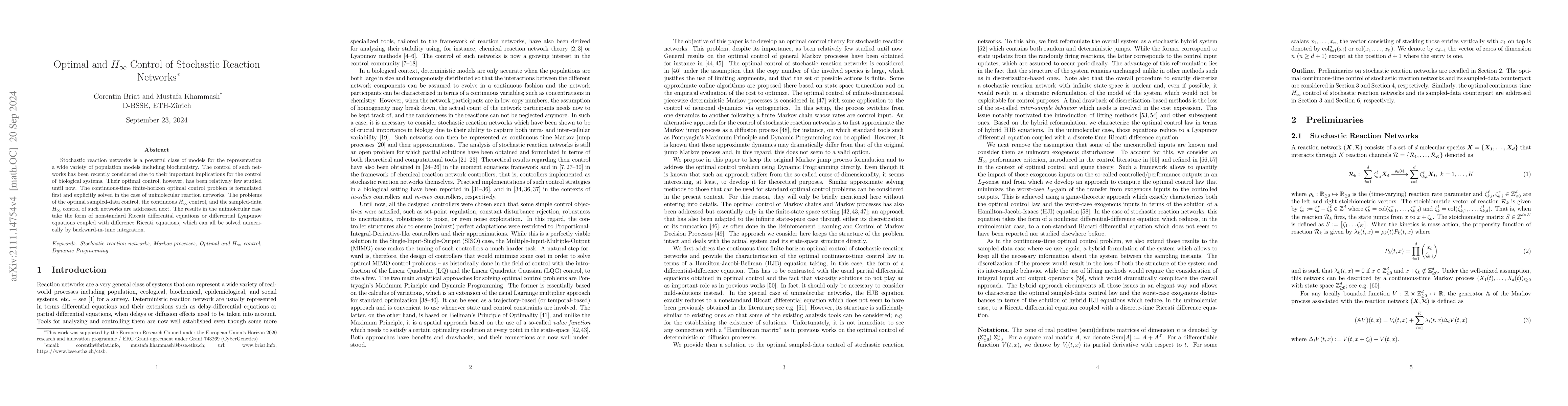 Thumbnail for Optimal and $H_\infty$ Control of Stochastic Reaction Networks