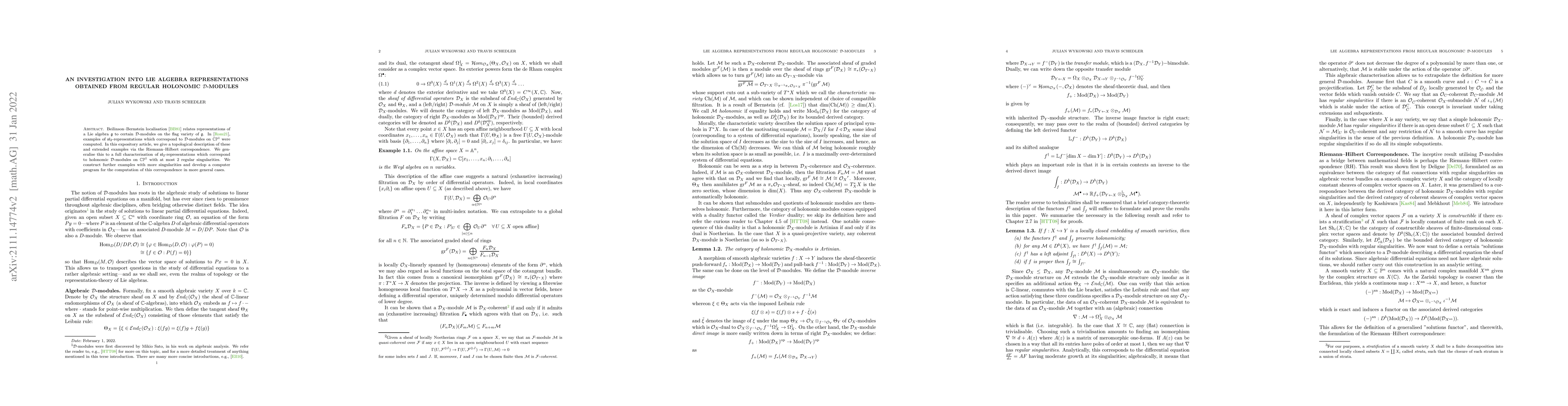 Thumbnail for An investigation into Lie algebra representations obtained from regular
  holonomic D-modules