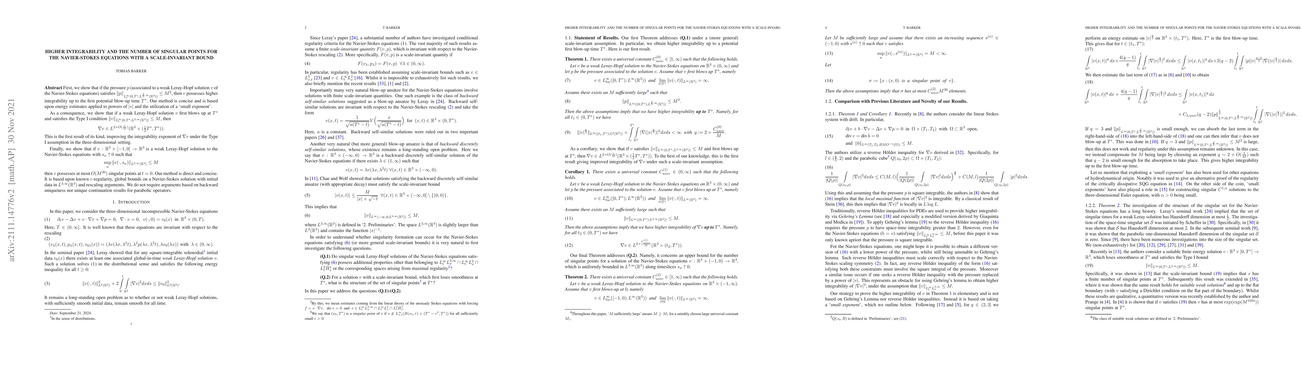 Thumbnail for Higher integrability and the number of singular points for the
  Navier-Stokes equations with a scale-invariant bound