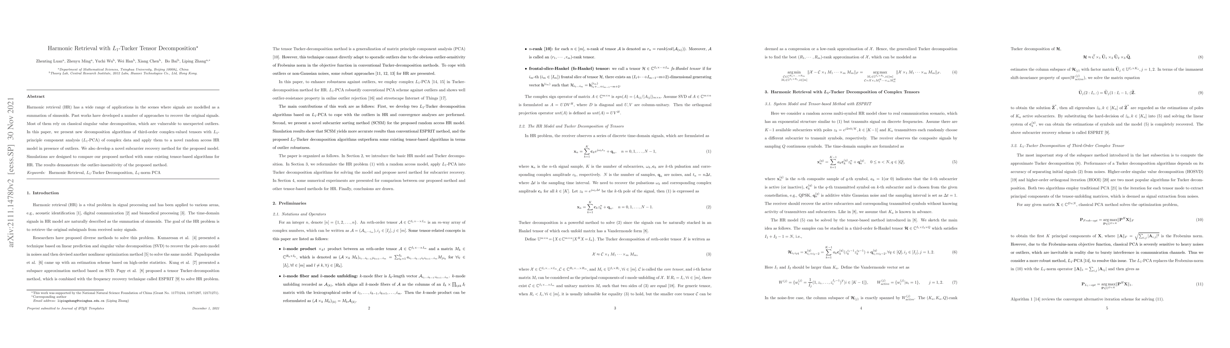 Thumbnail for Harmonic Retrieval with $L_1$-Tucker Tensor Decomposition
