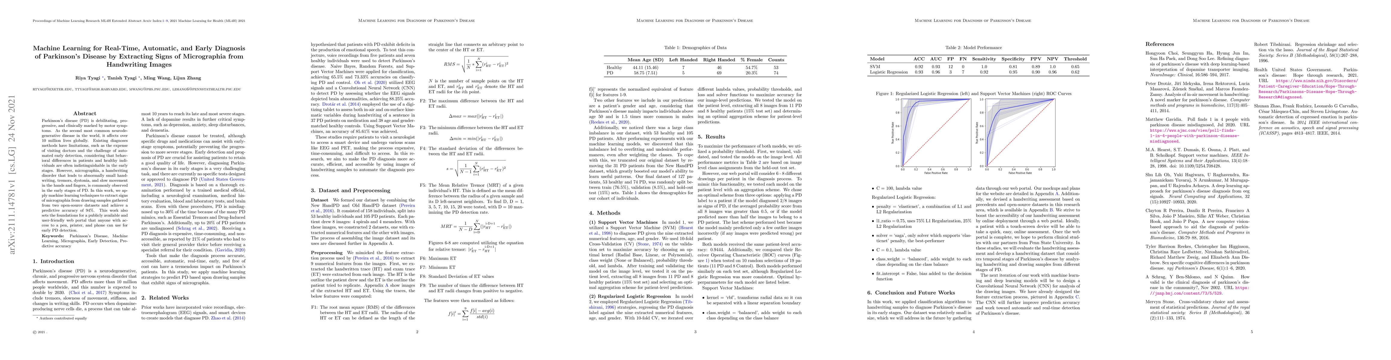 Thumbnail for Machine Learning for Real-Time, Automatic, and Early Diagnosis of
  Parkinson's Disease by Extracting Signs of Micrographia from Handwriting
  Images