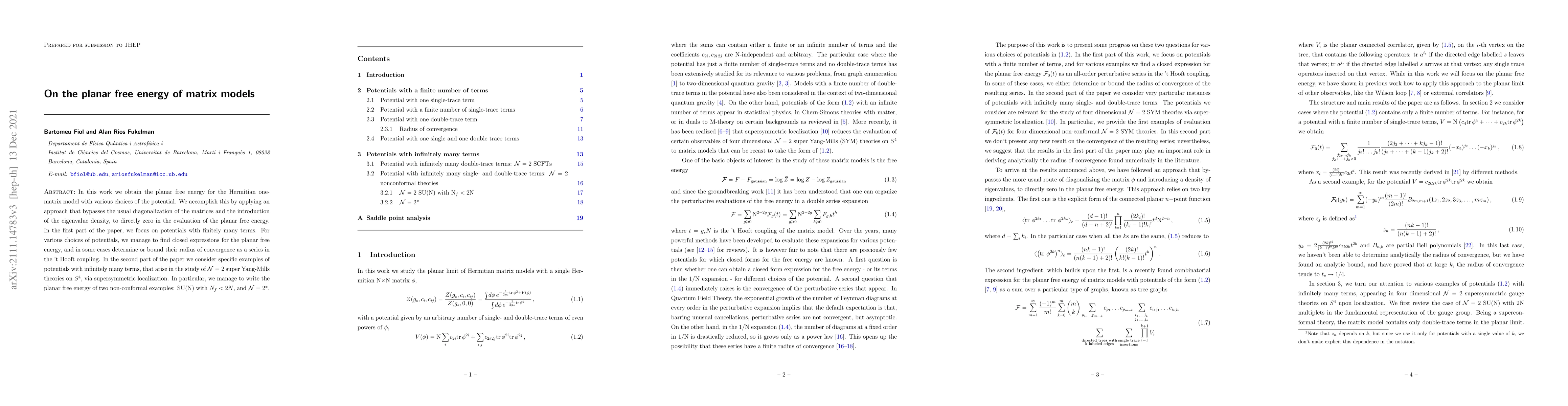 Thumbnail for On the planar free energy of matrix models