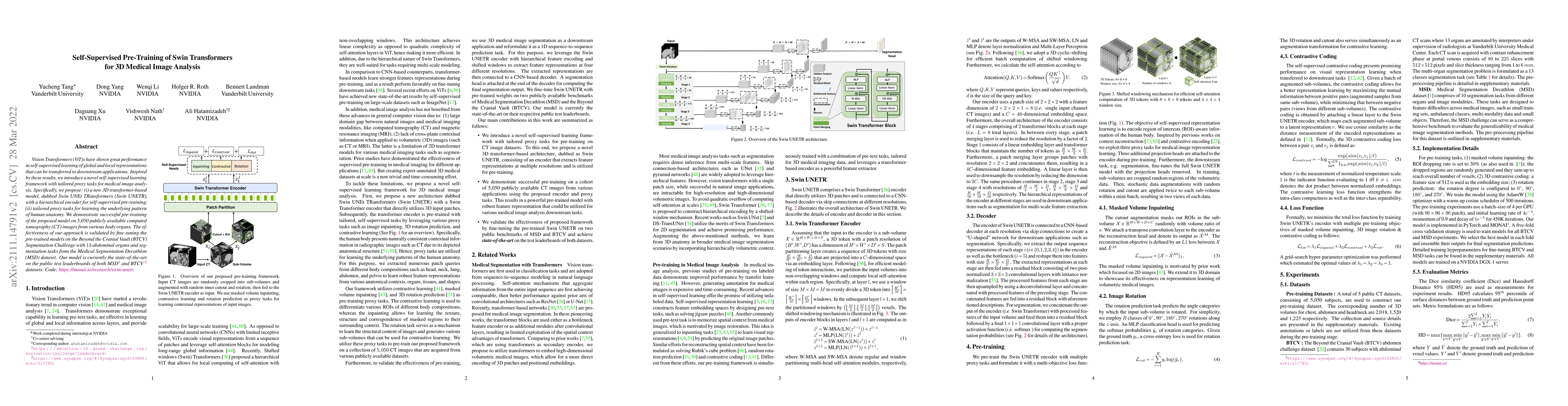 Thumbnail for Self-Supervised Pre-Training of Swin Transformers for 3D Medical Image
  Analysis
