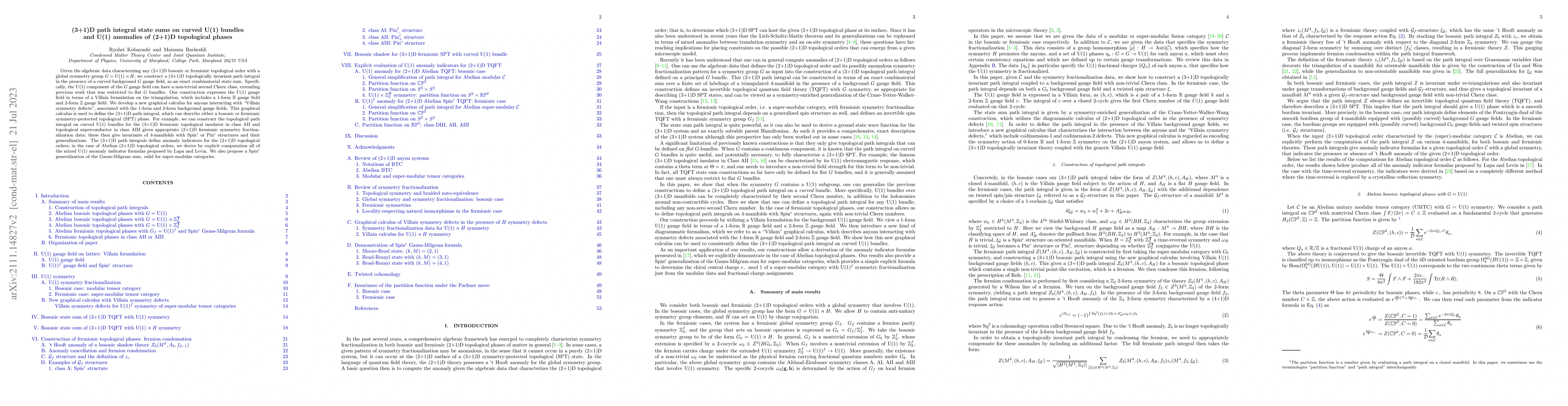 Thumbnail for (3+1)D path integral state sums on curved U(1) bundles and U(1)
  anomalies of (2+1)D topological phases