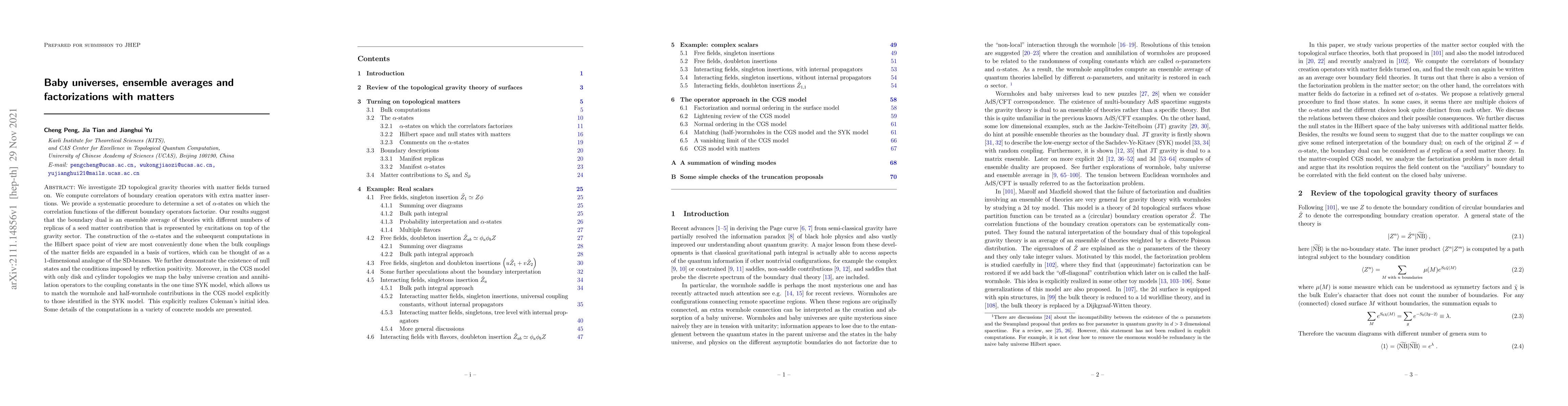 Thumbnail for Baby universes, ensemble averages and factorizations with matters