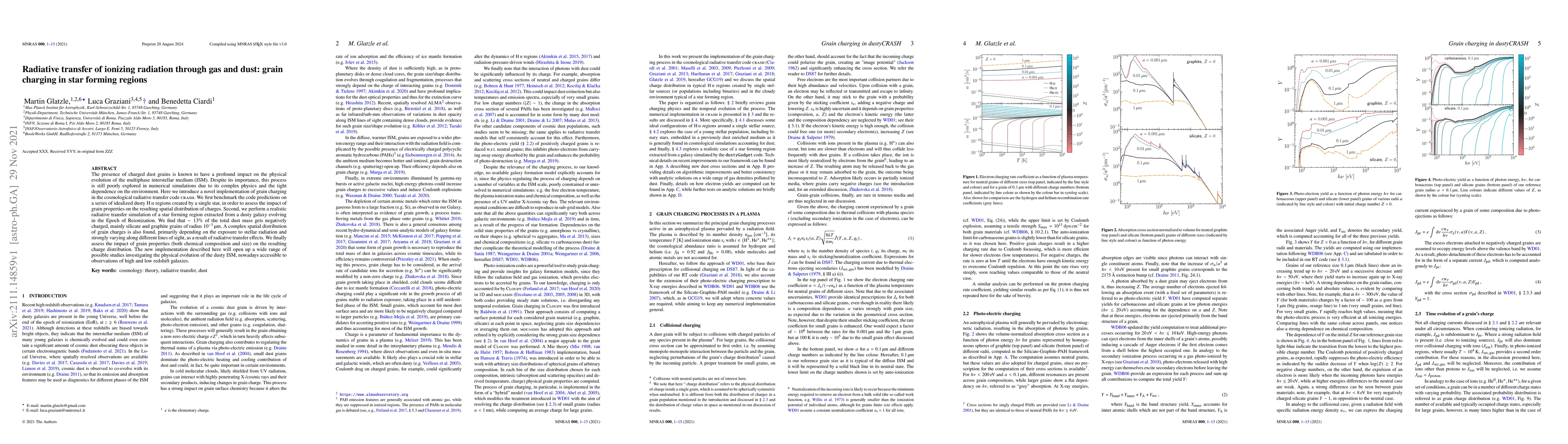 Thumbnail for Radiative transfer of ionizing radiation through gas and dust: grain
  charging in star forming regions