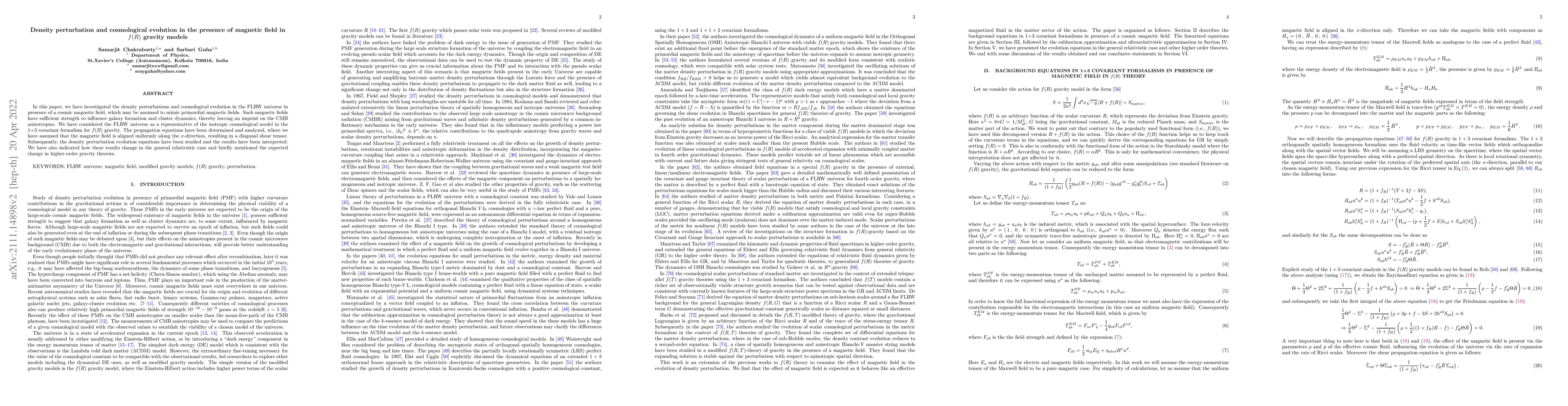 Thumbnail for Density perturbation and cosmological evolution in the presence of
  magnetic field in $f(R)$ gravity models