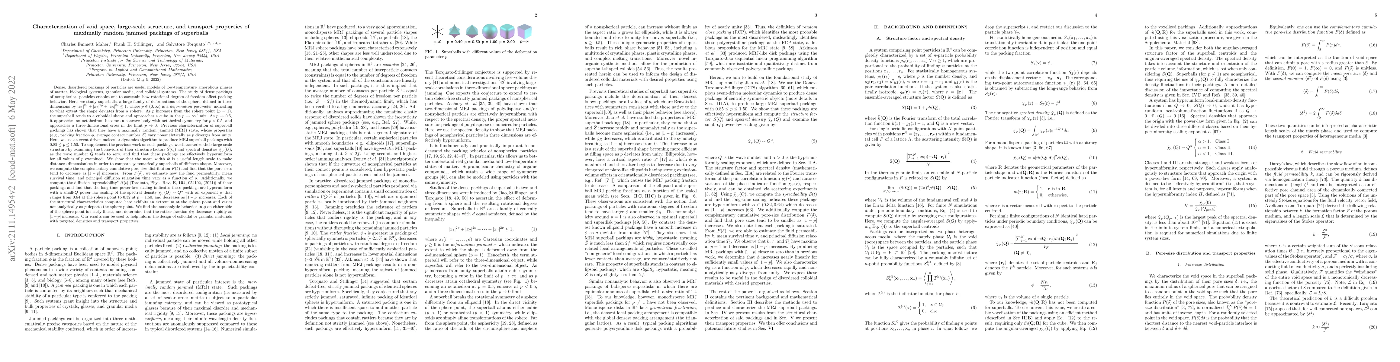 Thumbnail for Characterization of Void Space, Large-Scale Structure, and Transport
  Properties of Maximally Random Jammed Packings of Superballs