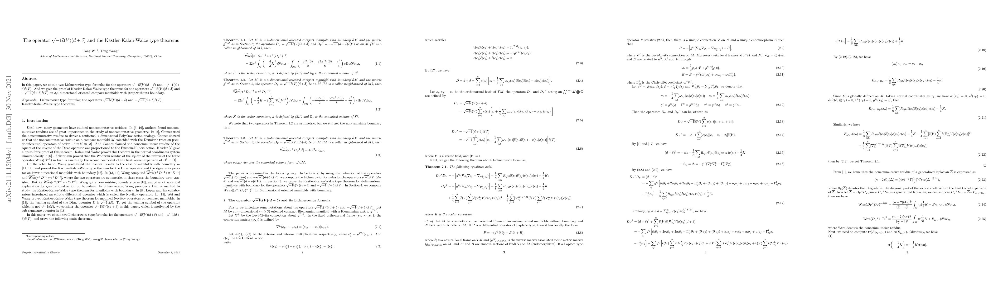 Thumbnail for The operator $\sqrt{-1}\widehat{c}(V)(d+\delta)$ and the
  Kastler-Kalau-Walze type theorems