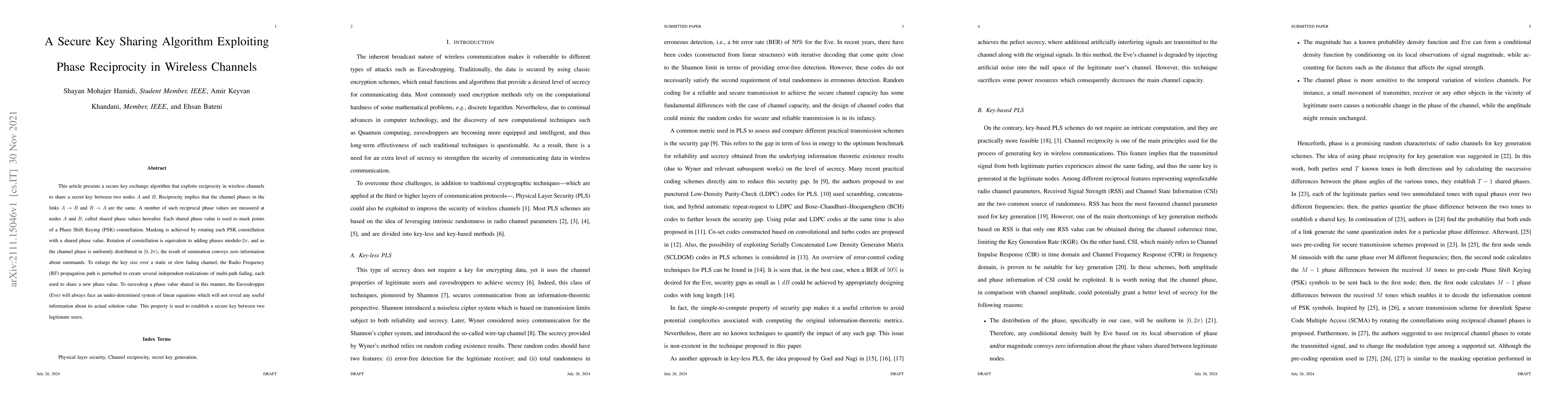 Thumbnail for A Secure Key Sharing Algorithm Exploiting Phase Reciprocity in Wireless
  Channels