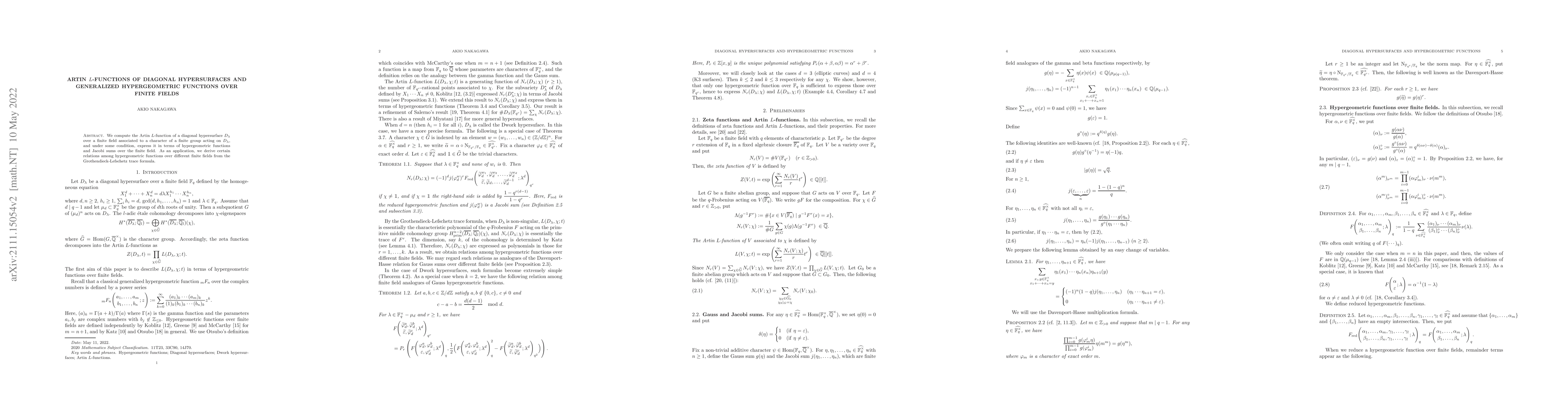 Thumbnail for Artin $L$-functions of diagonal hypersurfaces and generalized
  hypergeometric functions over finite fields