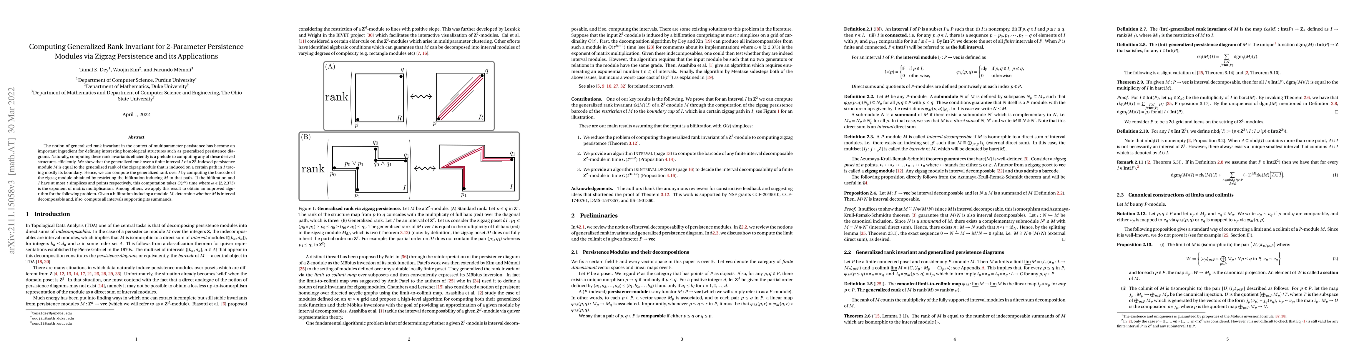 Thumbnail for Computing Generalized Rank Invariant for 2-Parameter Persistence Modules
  via Zigzag Persistence and its Applications