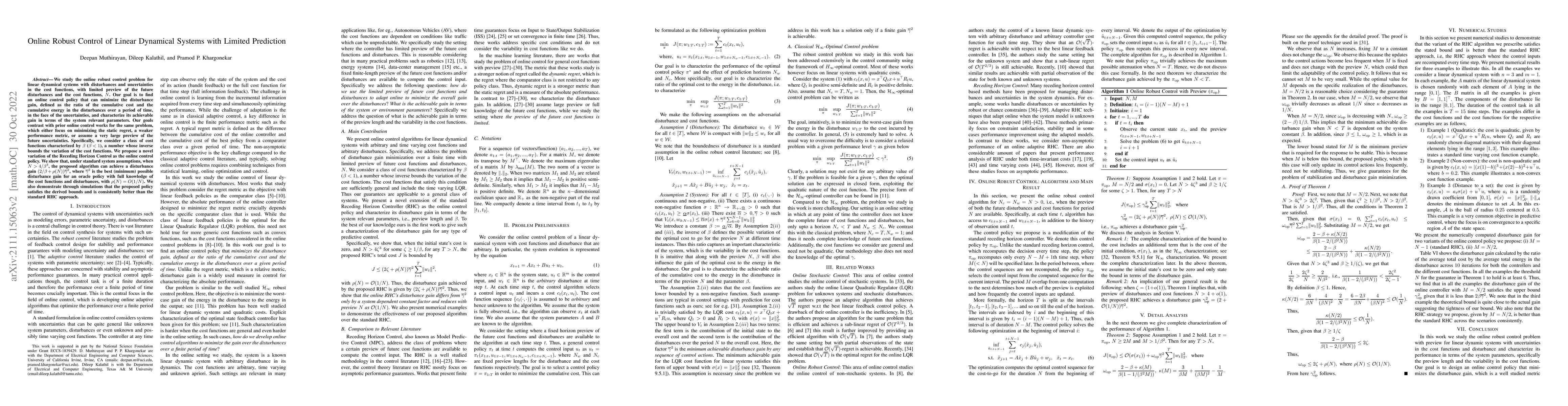 Thumbnail for Online Robust Control of Linear Dynamical Systems with Limited
  Prediction