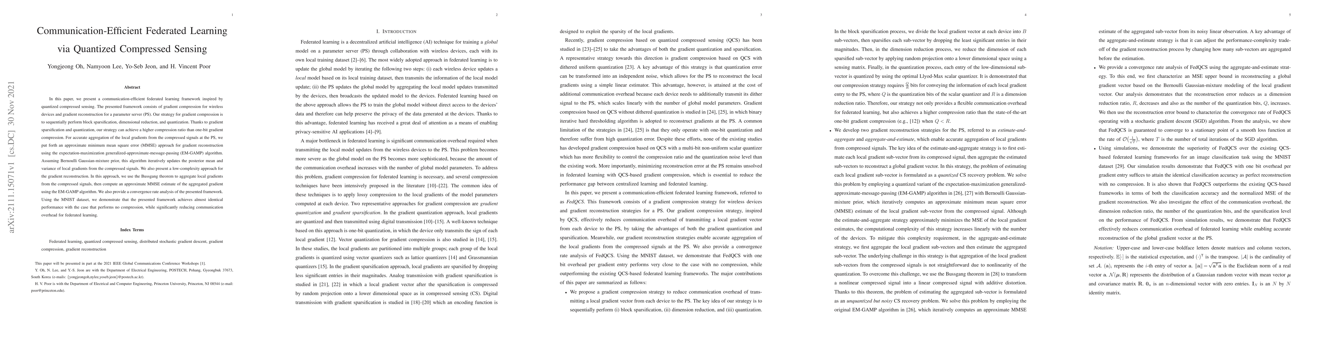 Thumbnail for Communication-Efficient Federated Learning via Quantized Compressed
  Sensing