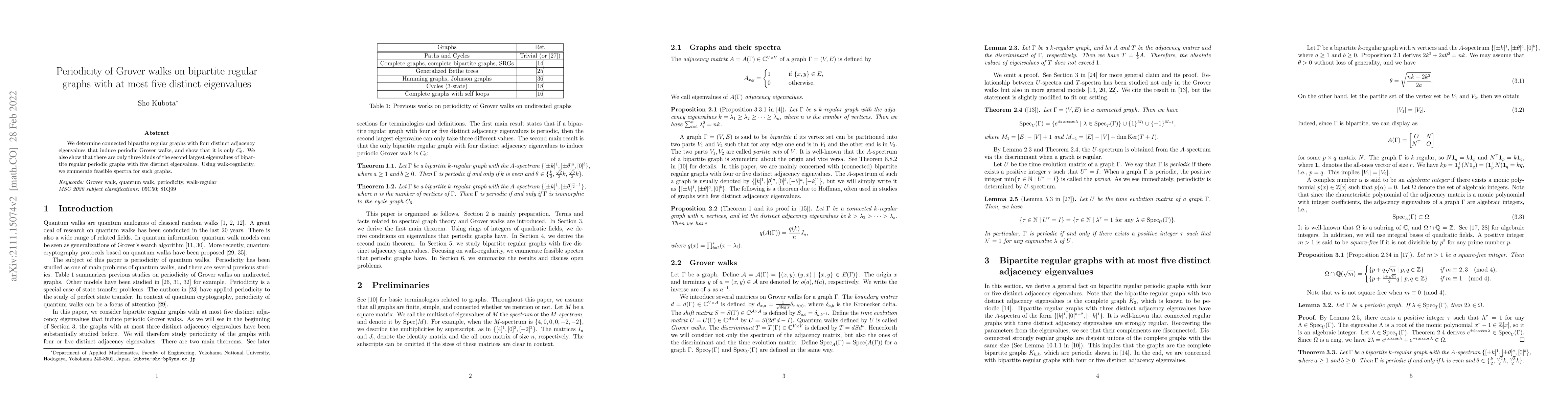 Thumbnail for Periodicity of Grover walks on bipartite regular graphs with at most
  five distinct eigenvalues