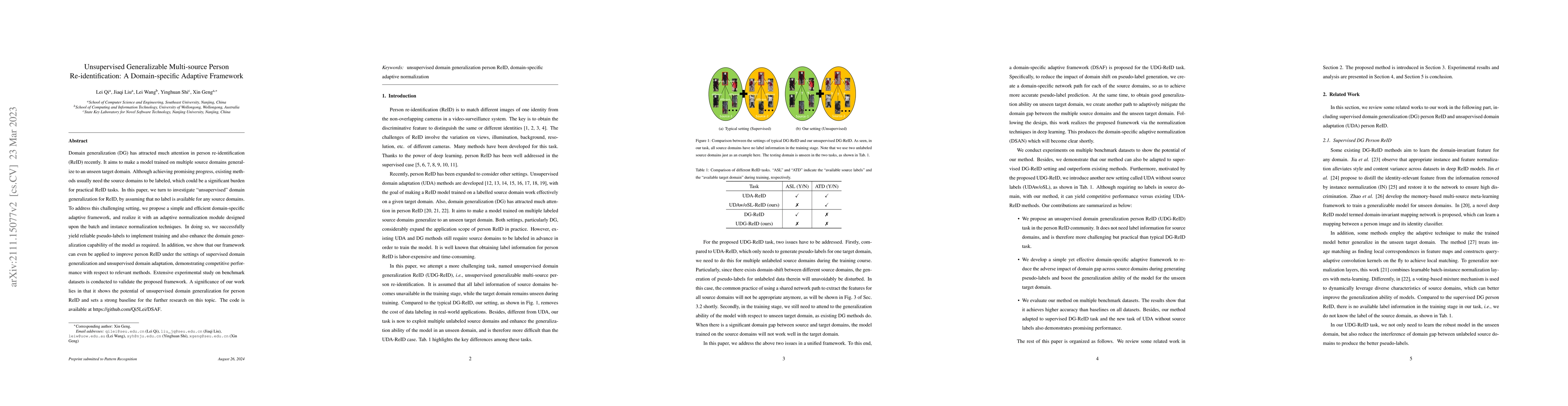 Thumbnail for Unsupervised Domain Generalization for Person Re-identification: A
  Domain-specific Adaptive Framework